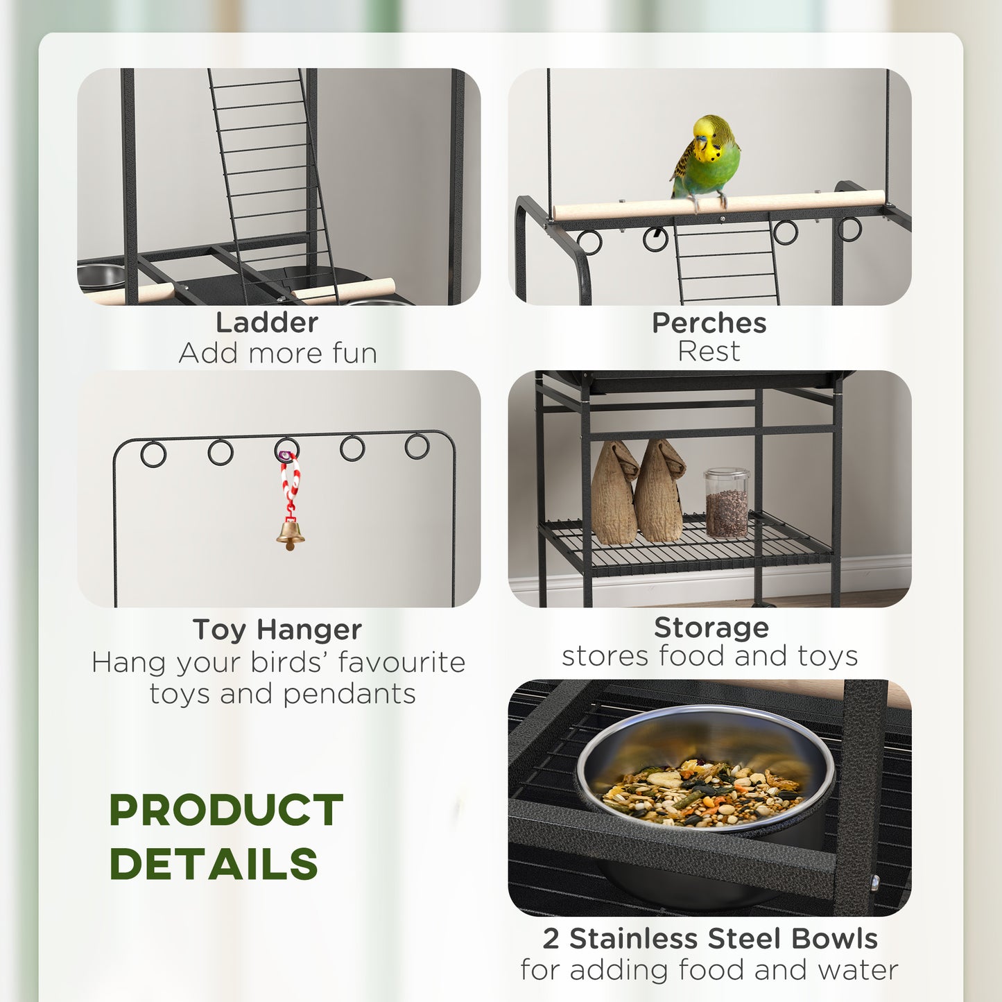 PawHut Bird Stand with Wheels, Parrot Stand with Perches, Stainless Steel Feed Bowls, Pull-Out Tray, Toy Hanger, Bird Play Stand for Indoor Outdoor Small Parrot, Dark Gray