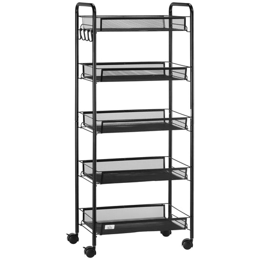 HOMCOM 5 Tier Utility Rolling Cart, Metal Storage Cart, Kitchen Cart with Removable Mesh Baskets, for Living Room, Laundry, Garage and Bathroom, Black