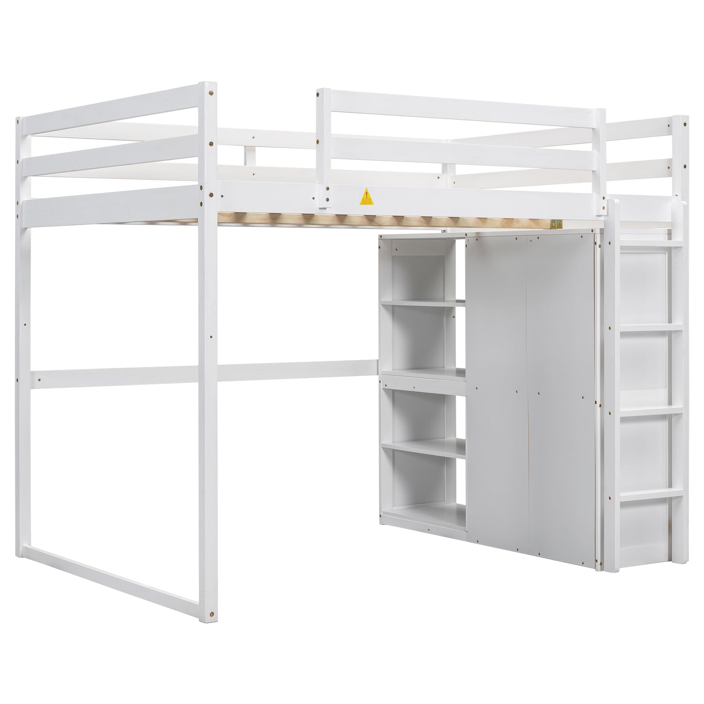 White Wood Full Size Loft Bed with Built-in Wardrobe, Storage Shelves, and LED Light, Pine and MDF