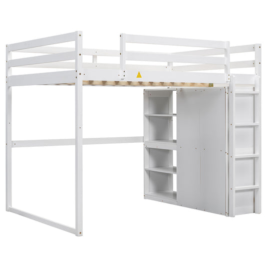 White Wood Full Size Loft Bed with Built-in Wardrobe, Storage Shelves, and LED Light, Pine and MDF
