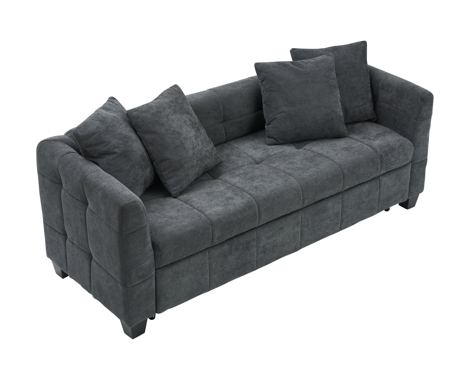 77.9-inch folding dual-purpose three-seater dark grey flannel sofa that can be pulled out and turned into a bed, suitable for use in bedrooms and living rooms.