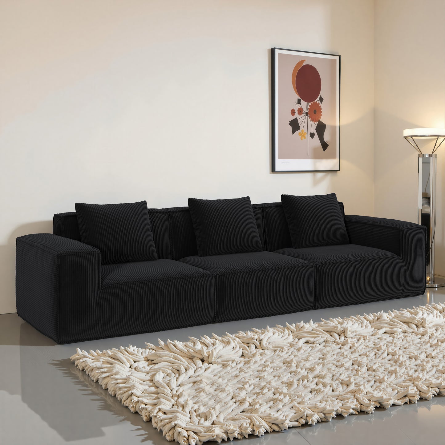 118-inch modular sofa can be converted into an oversized sofa bed  Free conversion sofa set flexible configuration, soft corduroy cloud velvet fabric Three-person combination BLACK