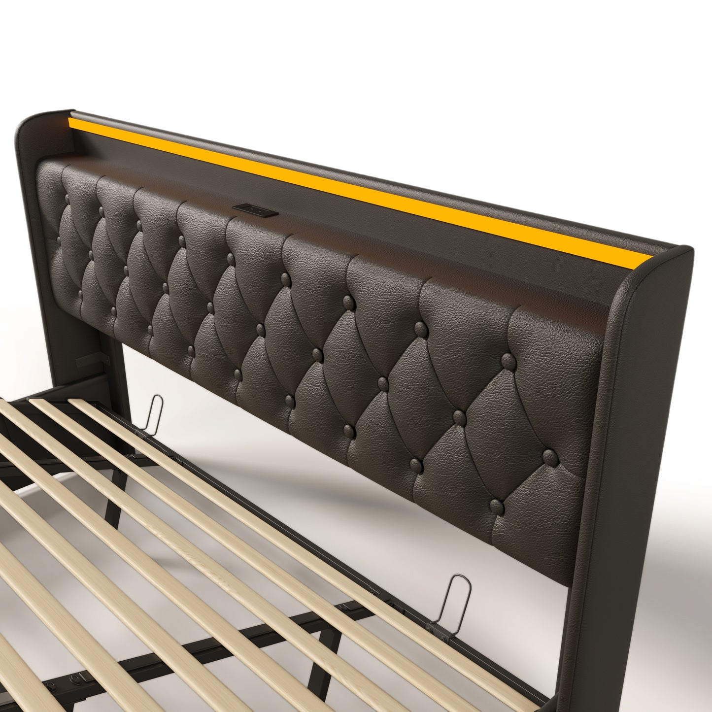 King size Upholstered bed, 360 surround LED function, Buttons/Apps/Remote Control, hydraulic storage bed with USB Type-C charging, Black, PU (Without mattress)