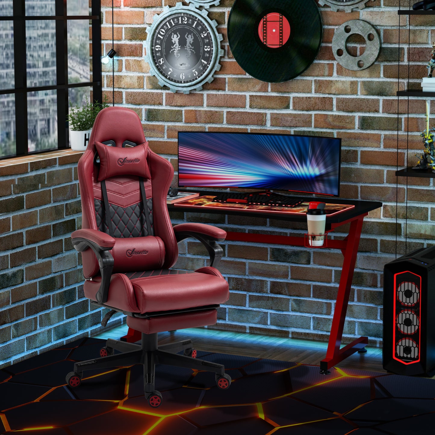 Vinsetto Racing Gaming Chair Diamond PU Leather Office Gamer Chair High Back Swivel Recliner with Footrest, Lumbar Support, Adjustable Height, Red