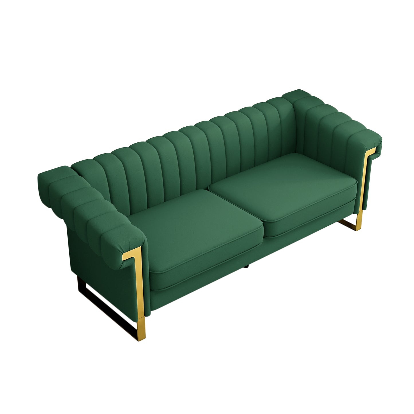 FX-P81PU-GR SOFA  Modern Green PU  Sofa with Gold Accents - Sleek Channel-Tufted Upholstery, 3-Seat Couch for Living Room and Office Decor(TEMU Suitable)