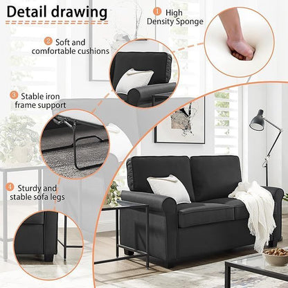 Love seat Sofa Sleeper With Memory Foam Mattress Rolled Arms,Linen Polyester Fabric,Wood and Metal Frame,Plastic Legs Sofa bed Sofa bed, black