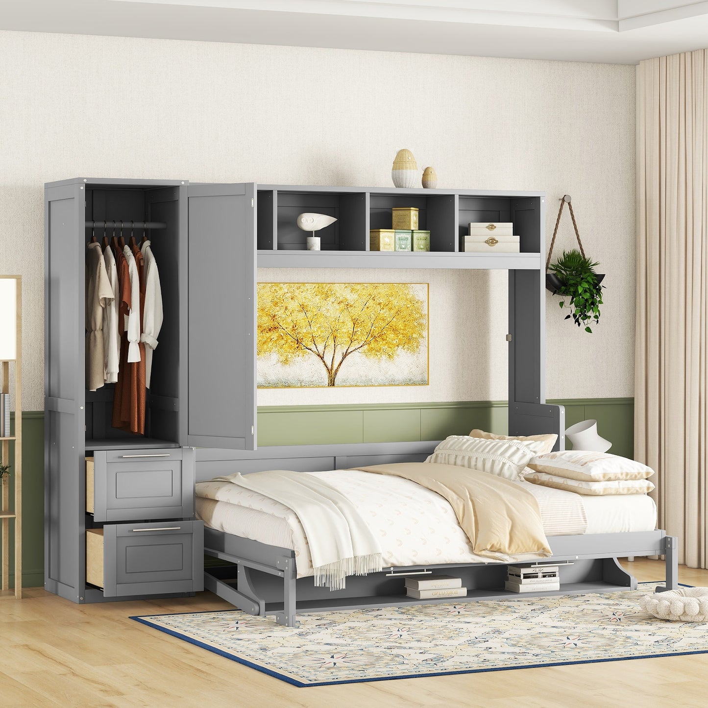 Queen Size Murphy Bed Wall Bed with Closet and Drawers,Gray