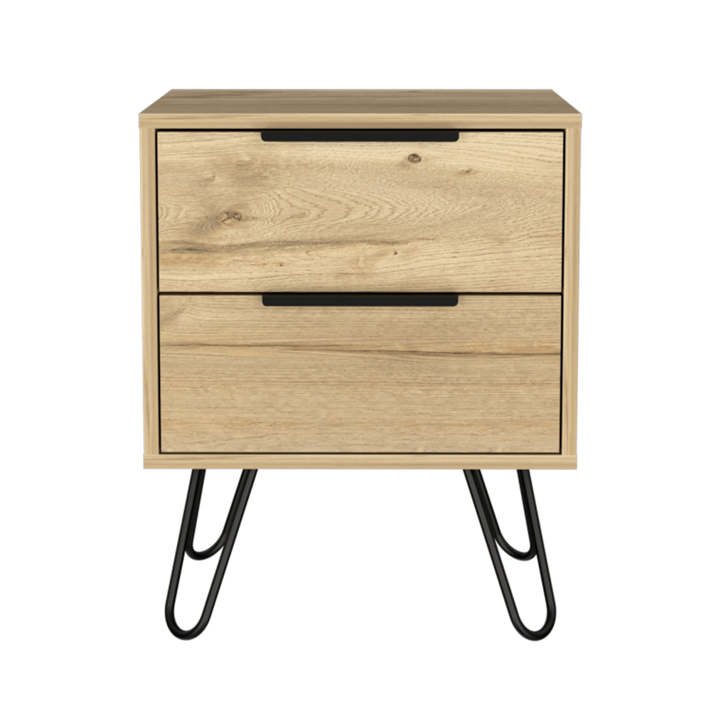 Nightstand 22" H, Four hairpin legs, Two Drawers, Light Oak