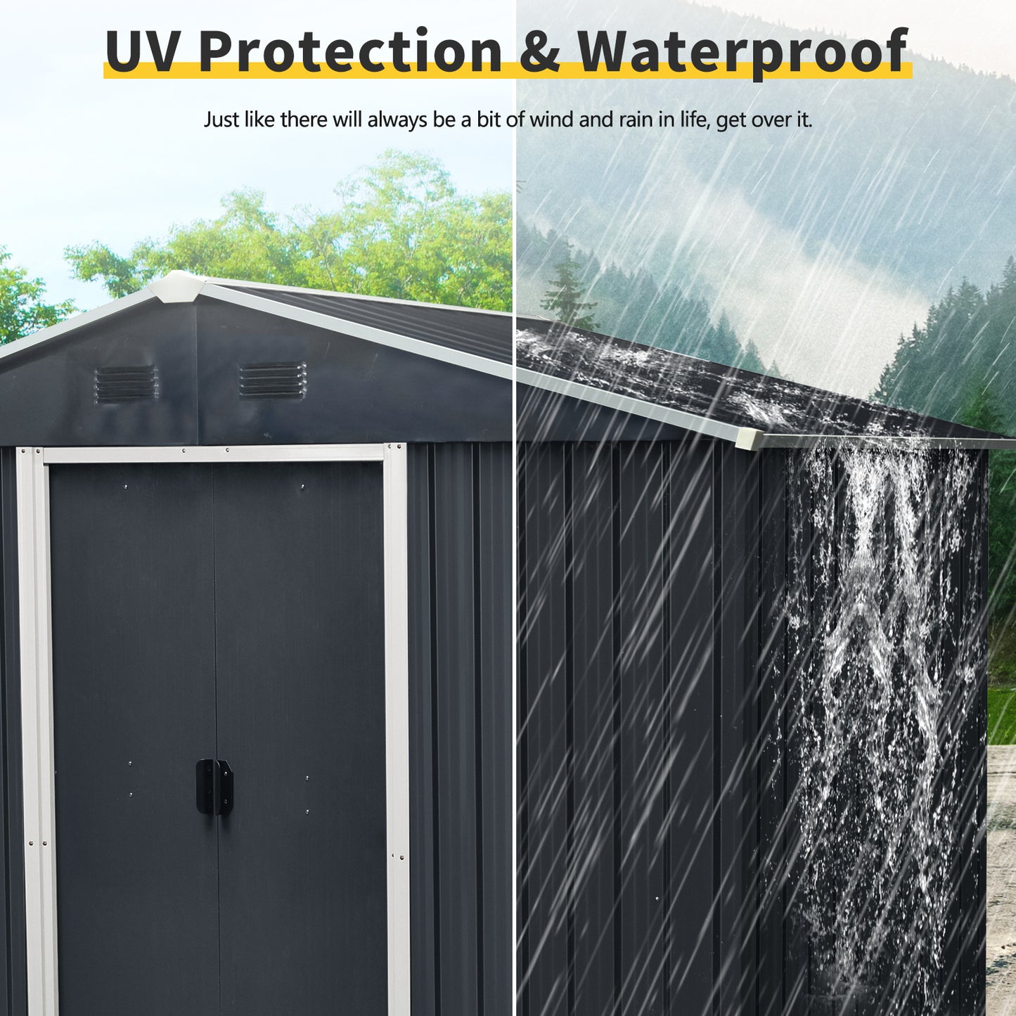 8ft x 4ft Outdoor Metal Storage Shed with Sliding Door and foundation for Backyard, Patio, Lawn  (Black and White)