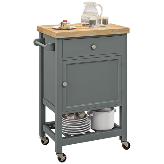 HOMCOM Utility Kitchen Cart, Rolling Kitchen Island with Smooth Rubberwood Top, Narrow Butcher Block Surface on Wheels with Storage Drawer & Cabinet, Gray