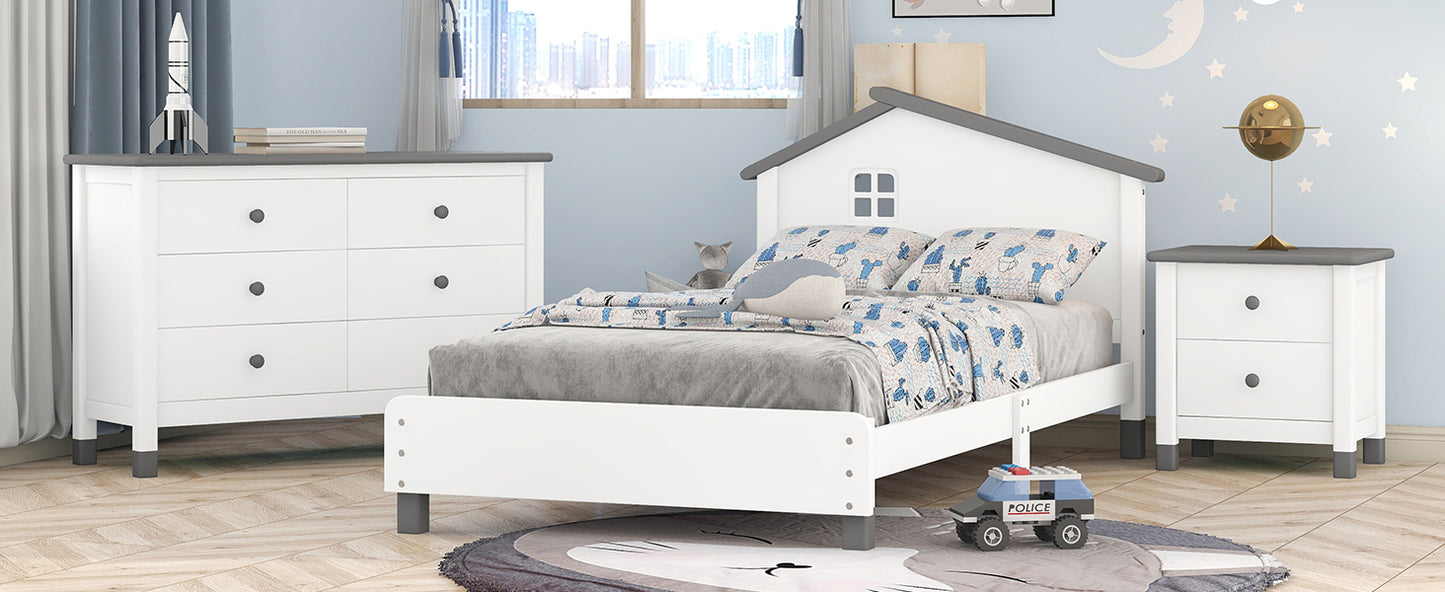 3-Pieces Bedroom Sets Twin Size Platform Bed with Nightstand and Storage dresser,White+Gray