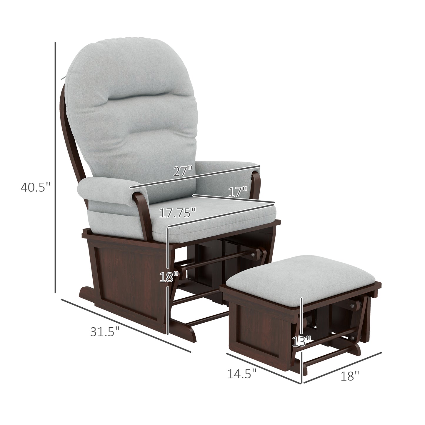 HOMCOM Nursery Glider Rocking Chair with Ottoman, Thick Padded Cushion Seating and Wood Base, Light Gray