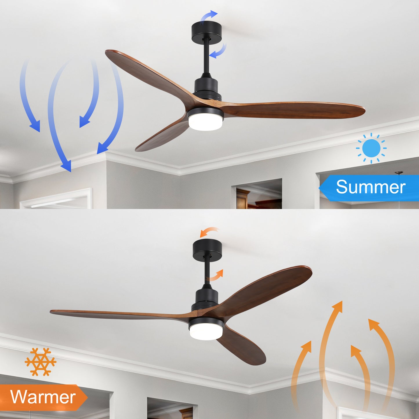 60 Inch Ceiling Fan With Lights 3 Solid Wood Fan Blade Noiseless Reversible Motor Remote Control