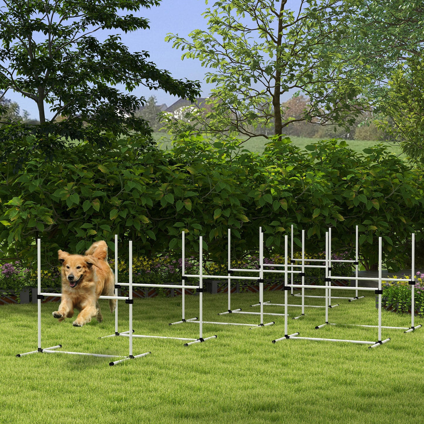 PawHut 8 Piece Dog Agility Training Equipment for Dog Agility Course with Adjustable Height Jump Bars, Included Carry Bag, & Displacing Top Bar, White