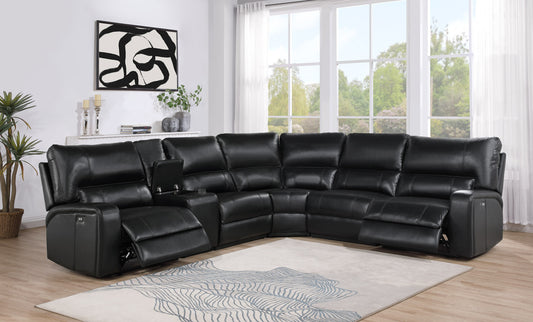 Saul Black Leather Aire Power Recliner Sectional Sofa w/ USB Port & Cupholder Console