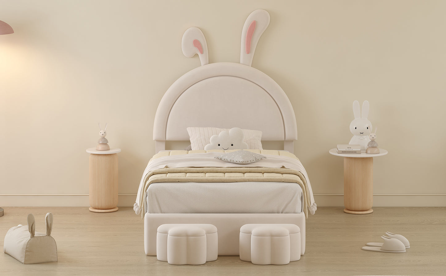 Twin size Upholstered Rabbit-Shape Bed with 2 Storage Stools, Velvet Platform Bed with Cartoon Ears Shaped Headboard, White