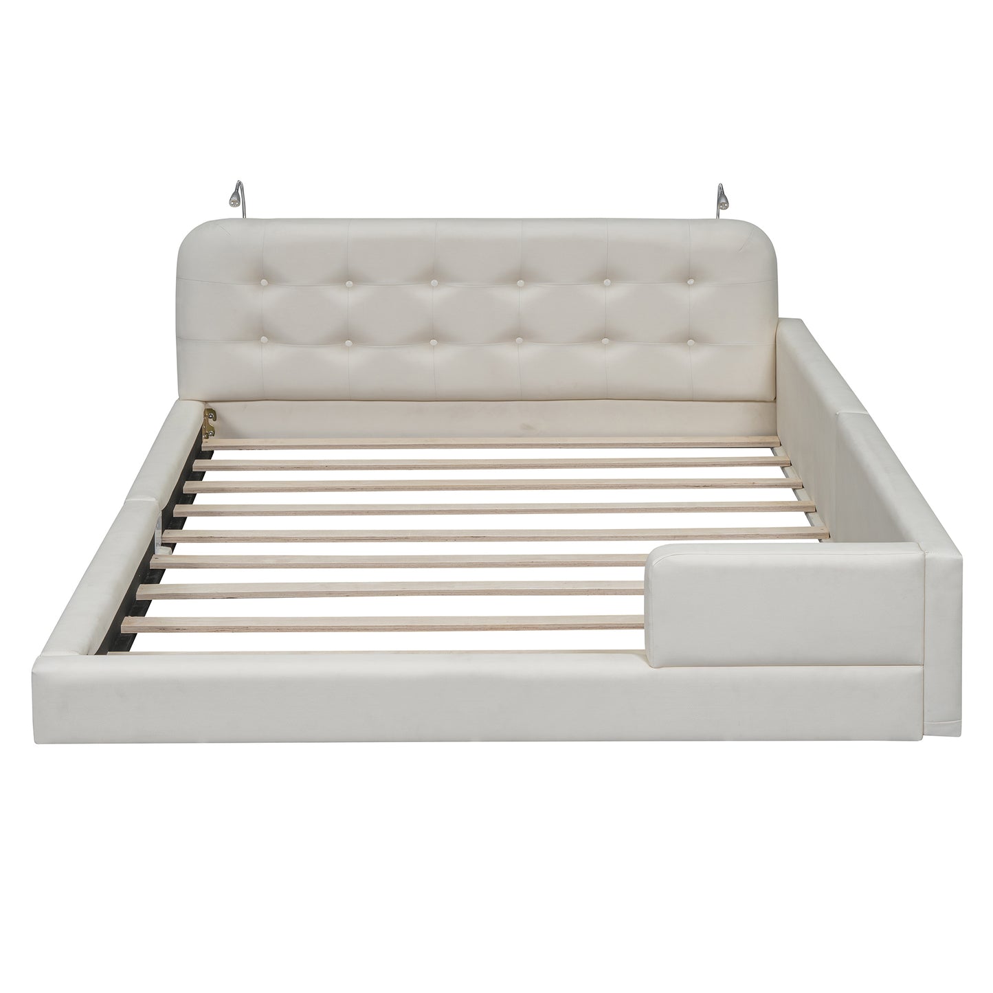 Queen Size Upholstered Platform Bed with 2 Reading Lights, White