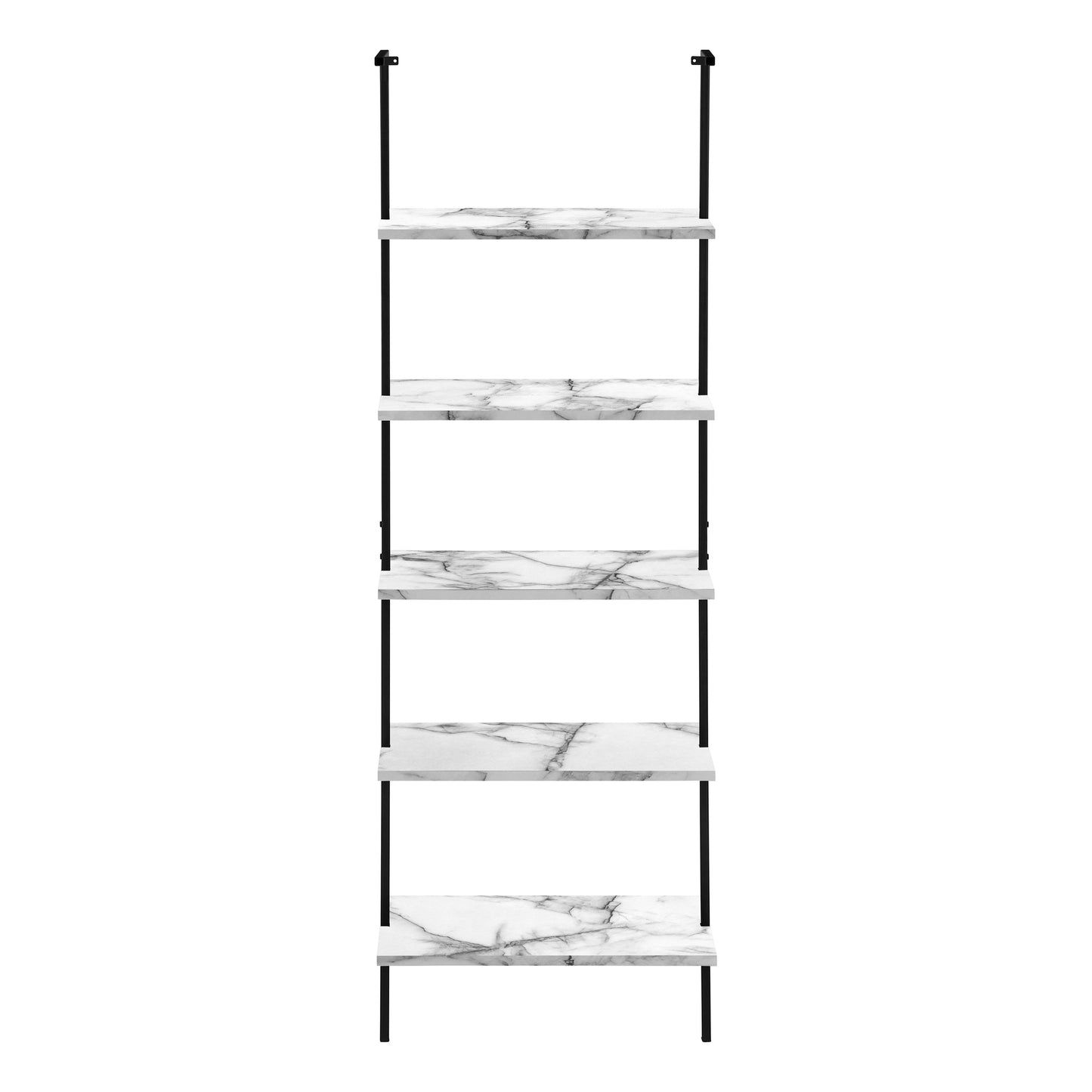 Bookshelf, Bookcase, Etagere, Ladder, 5 Tier, 72"h, Office, Bedroom, White Marble Look Laminate, Black Metal, Contemporary, Modern