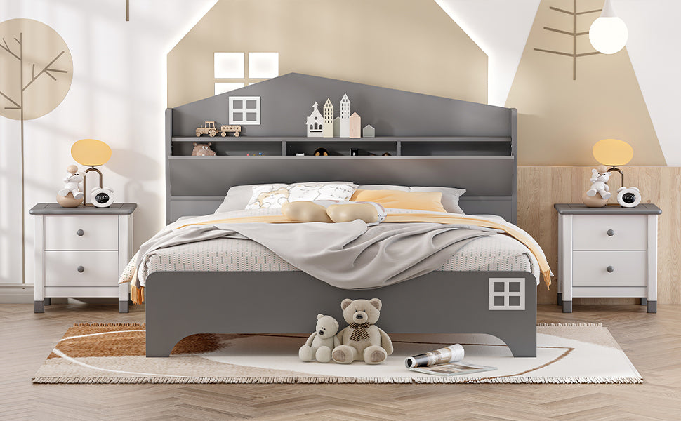 Wooden Full Size House Bed with Storage Headboard ,Kids Bed with Storage Shelf,Grey