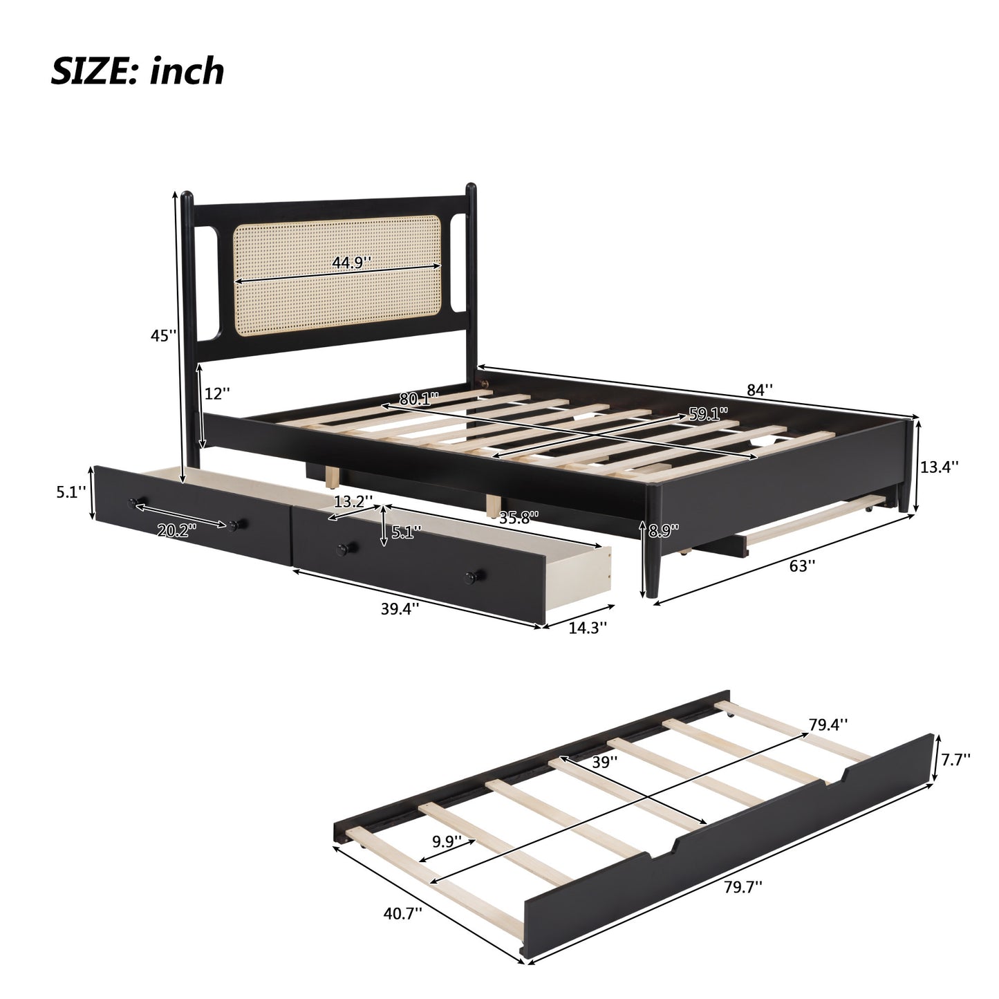 Queen Size Wooden Rattan Platform Bed, with 2 Big Drawers, T Size Trundle, Espresso