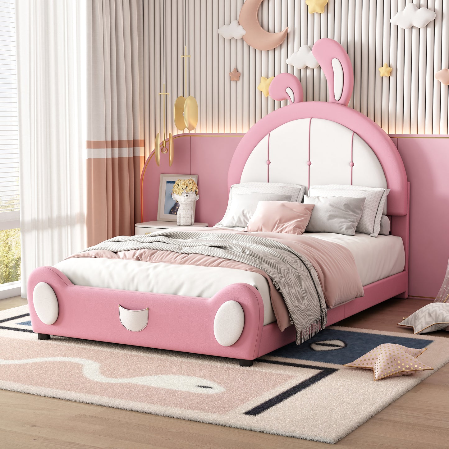 Twin Size Upholstered Platform Bed with Rabbit Shaped Headboard, Pink