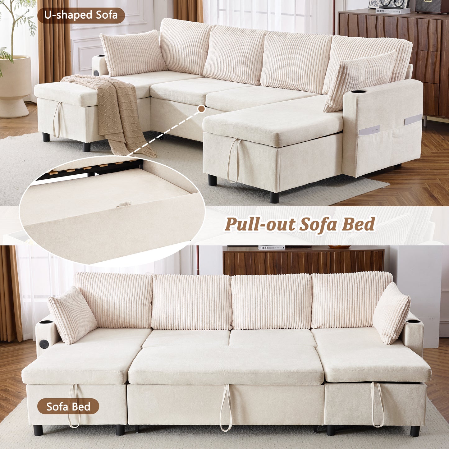111.8" Sectional Sofa Pull-out Sofa Bed Versatile Sofa Sleeper with Large Storage Space, Two USB Ports and Two Cup Holders for Living Room, Beige