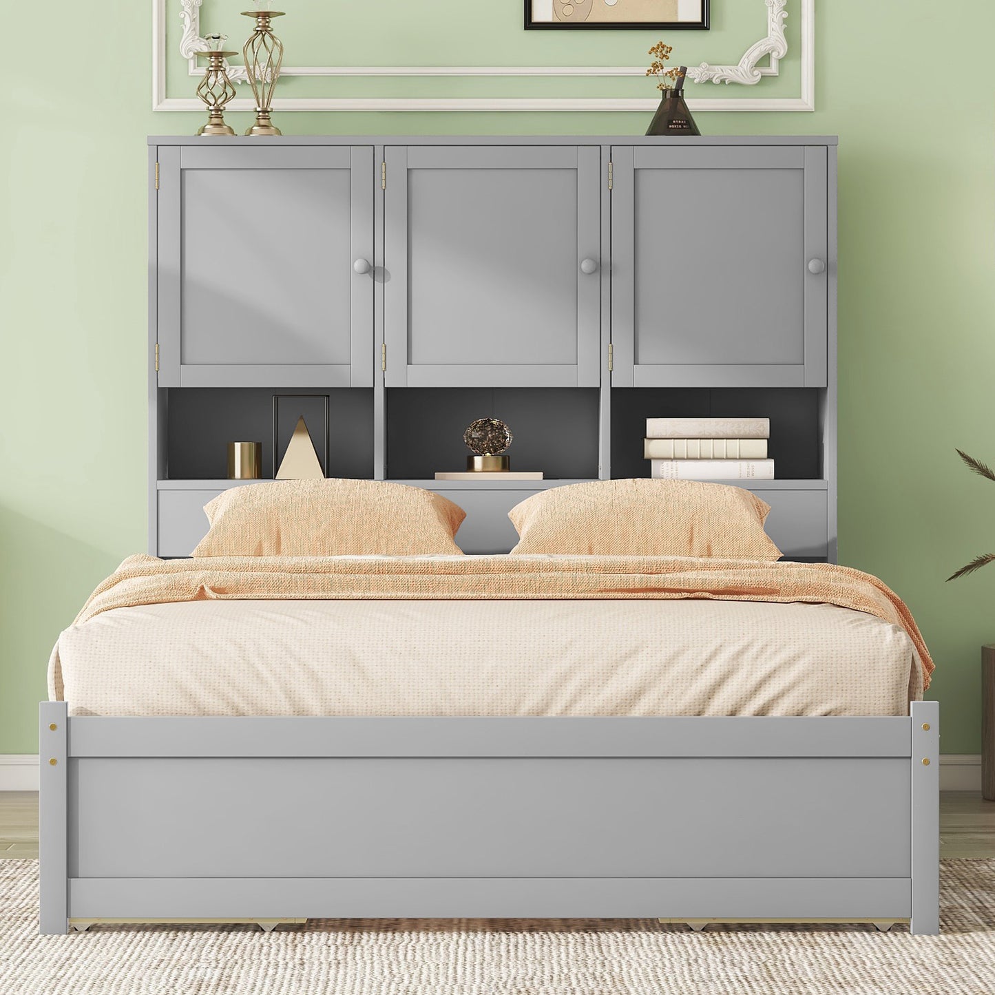 Queen Size Platform Bed with Storage Headboard and 4 Drawers, Gray