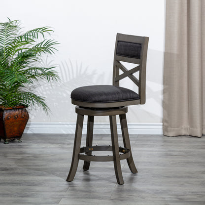 30" Bar Height X-Back Swivel Stool, Weathered Gray Finish Grey, Charcoal Fabric Seat