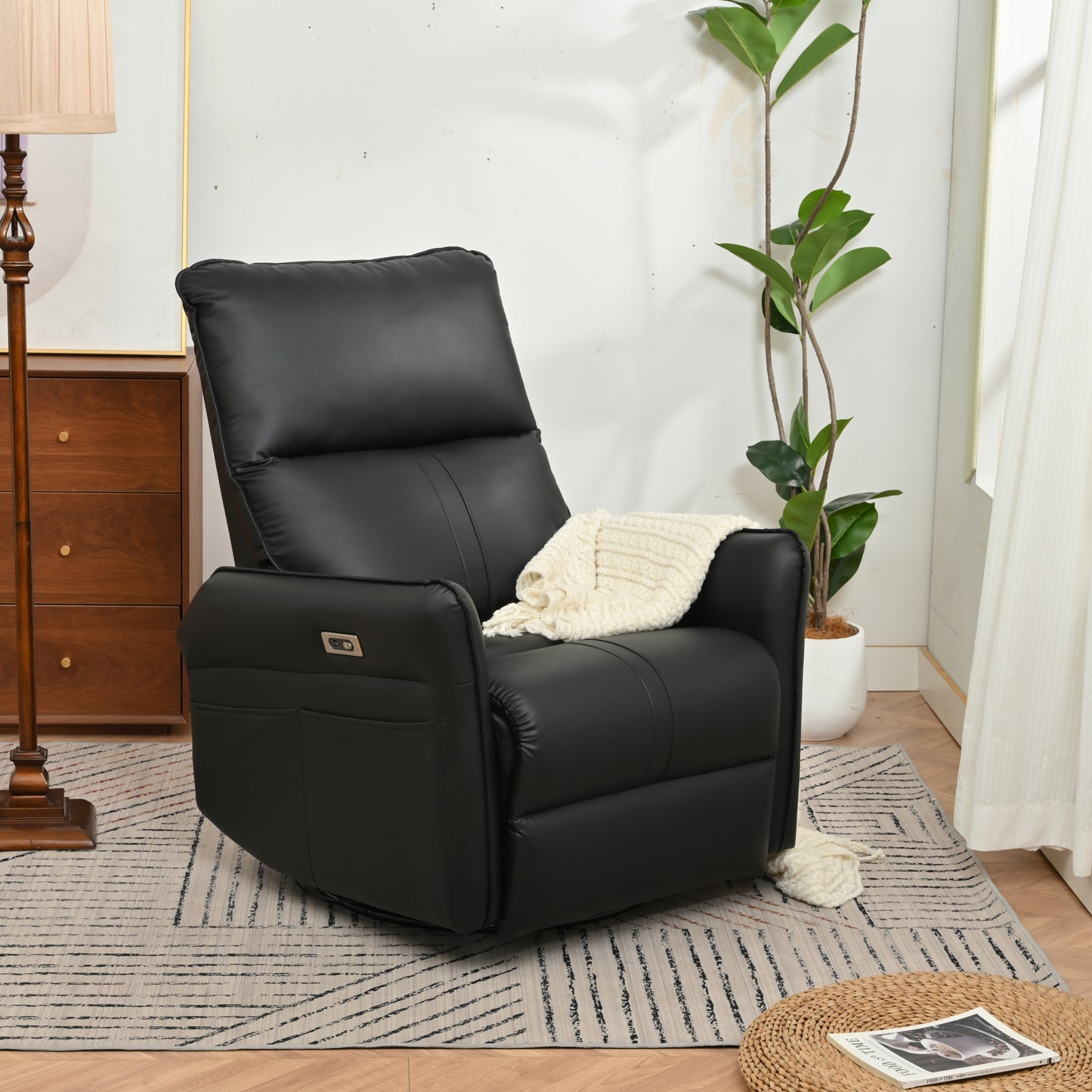 Power Swivel Rocker Recliner Chair for Adults, 270° Swivel Rocking Recliner Chair,Electric Small Recliners for Small Spaces, Single Sofa Recliner for Living Room, Bedroom,RV (Black+270°Swivel)