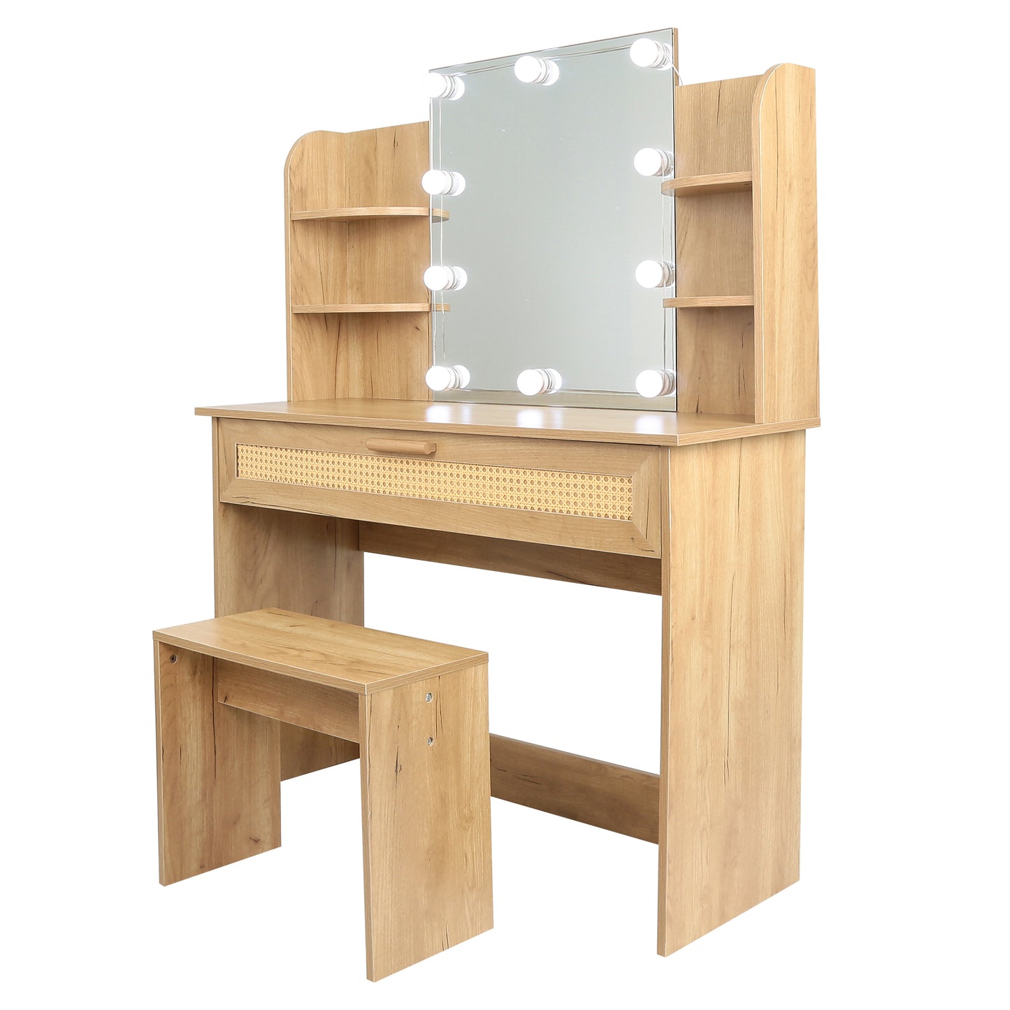 Vanity Desk Set Stool & Dressing Table with LED Lighting Mirror Drawer and Compartments Modern Wood Cosmetic Table Chest of Drawers Nature Color