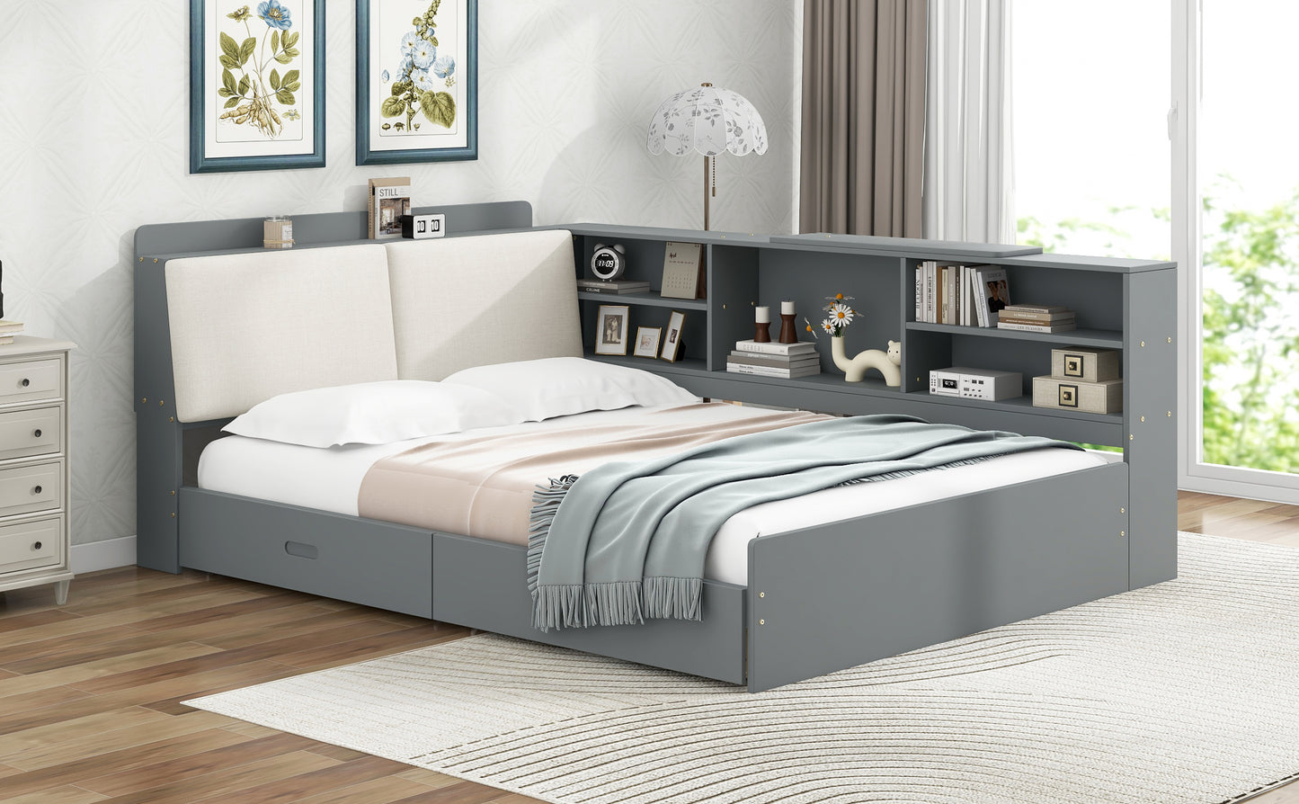 Wood Full Size platform bed with Storage Headboard, Shelves and 2 Drawers, Gray