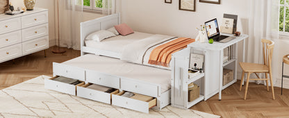 Twin Size Multifunctional Wood Platform Bed with Desk and Storage Shelf at the End of the Bed, Built-in Trundle and 3 Drawers, White