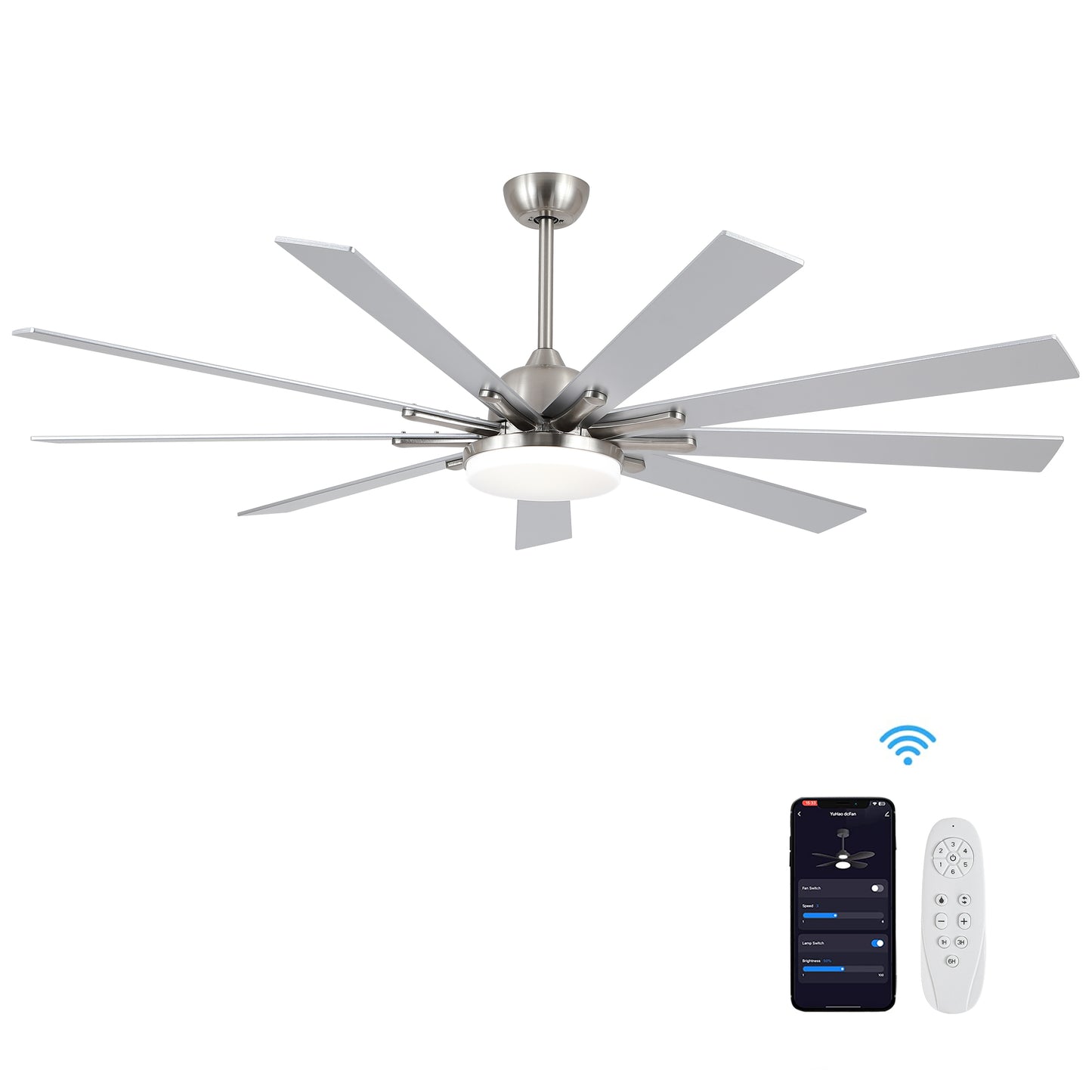 72 in Integrated LED Brushed Nickel Smart Ceiling Fan with Remote Control