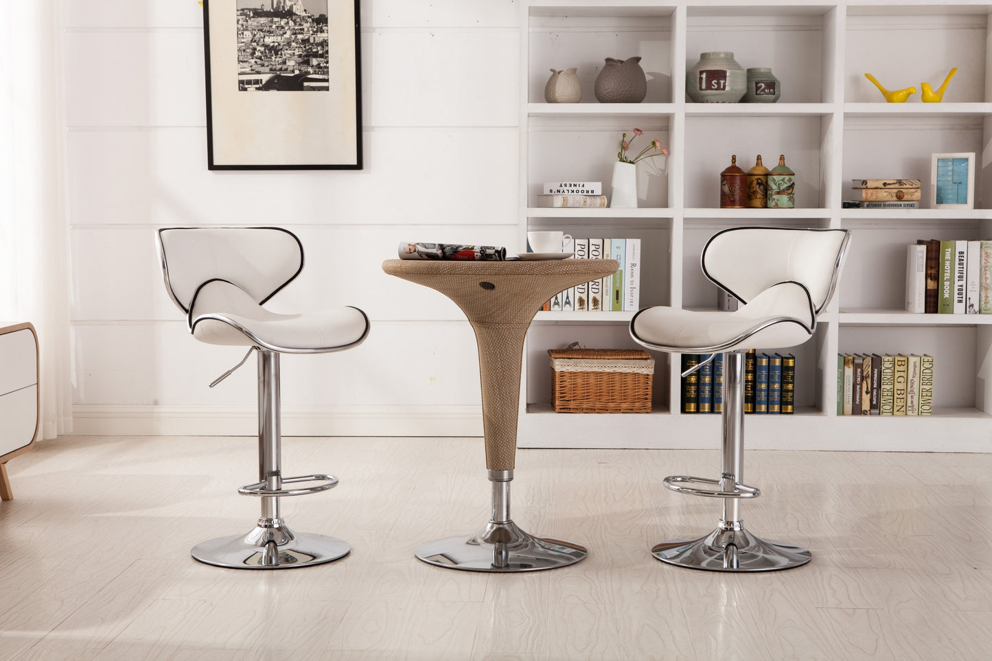 Masaccio Upholstery Airlift Adjustable Swivel Barstool with Chrome Base, Set of 2, White