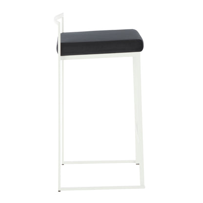 Fuji Contemporary Stackable Counter Stool in White with Black Velvet Cushion by LumiSource - Set of 2