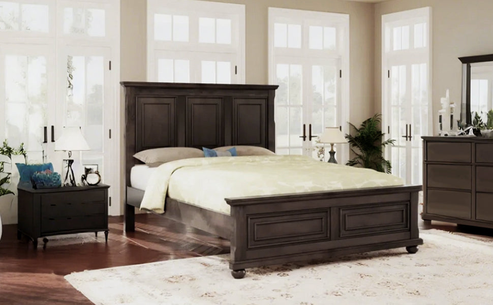 Traditional Town and Country Style Pinewood Vintage Queen Bed, Rich Brown