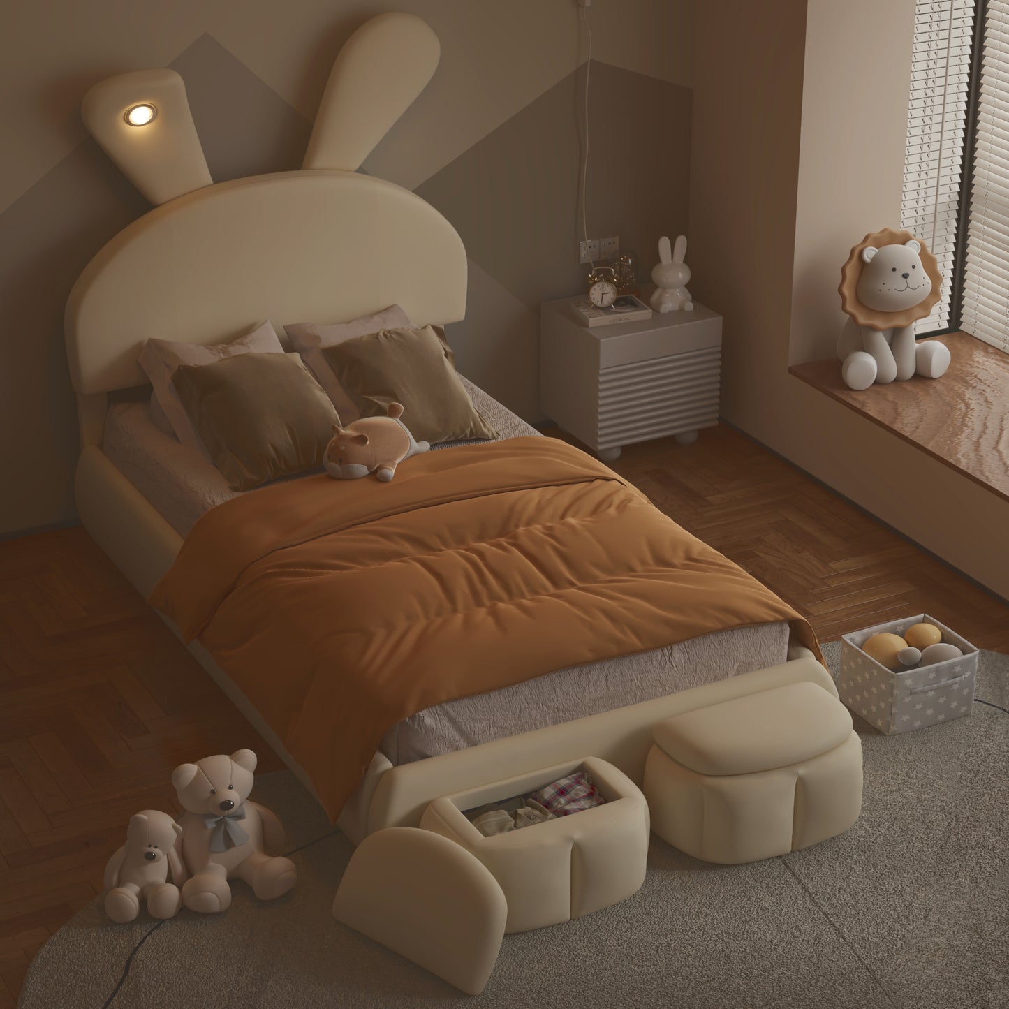 Twin Size Upholstered Platform Bed with Cartoon Ears Shaped Headboard and Light, Beige