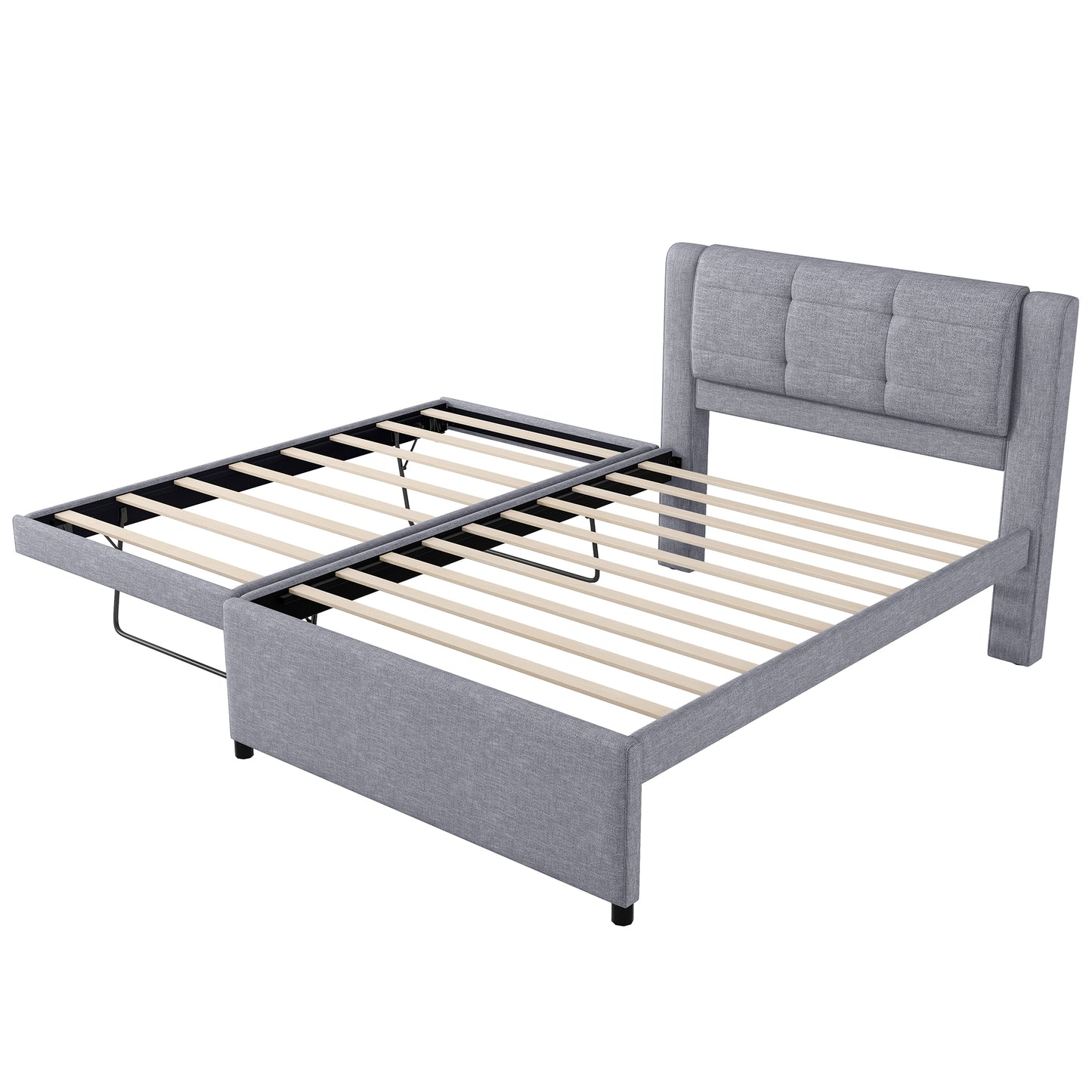 Full Size Upholstery platform bed with Trundle,Trundle can be flat or erected, Gray