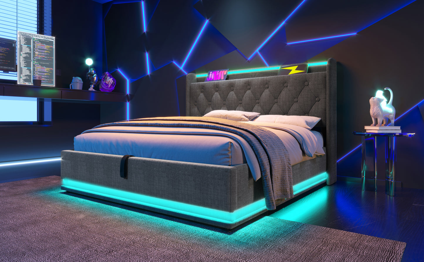 Full size Upholstered bed, 360 surround LED function, Buttons/Apps/Remote Control, hydraulic storage bed with USB Type-C charging, Gray,Linen (Without mattress)