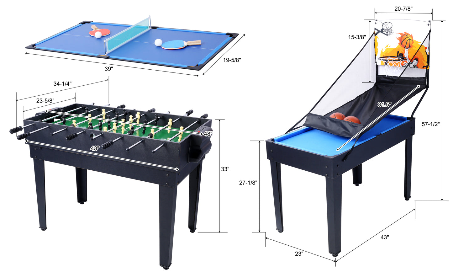 5-in-1 Multi-Game Table - Billiards, Push Hockey, Foosball, Ping Pong, and Basketball black/blue