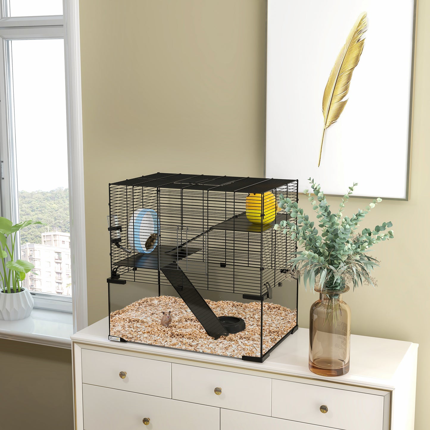 PawHut Hamster Cage, 23.5" Gerbil Cage with Glass Basin, Ramps, Platforms, Hut, Exercise Wheel, for Small Hamsters, Black