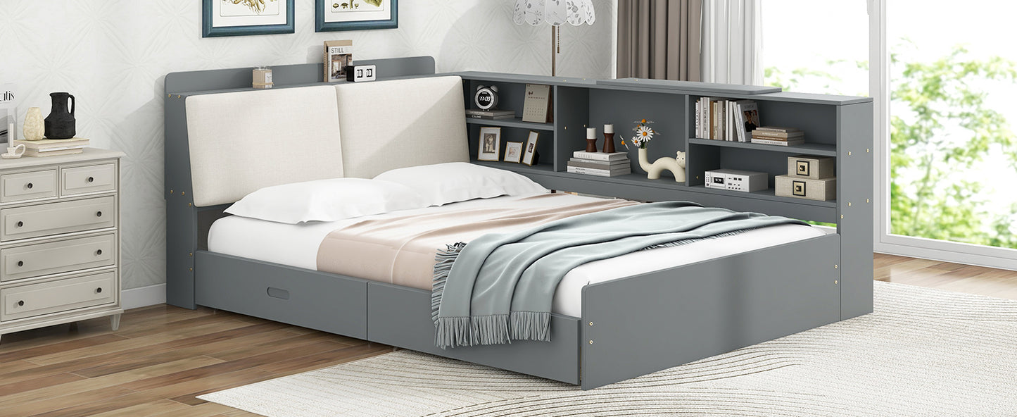 Wood Full Size platform bed with Storage Headboard, Shelves and 2 Drawers, Gray