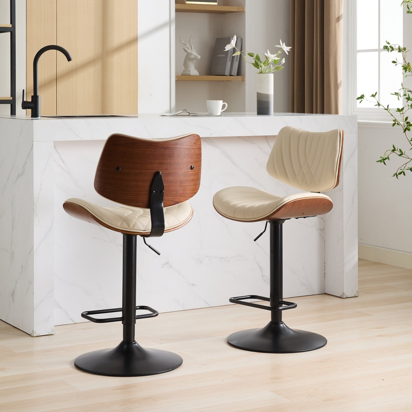 Walnut Bentwood Bar Stools Mid Century Modern Adjustable Counter Height Black Leather Upholstered 360°Swivel Bar Chairs for Kitchen Island/Dining Room/Cafe, 1 chair/1carton,Beige