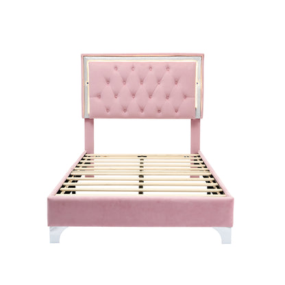 Twin Size Upholstered Bed Frame with LED Lights,Modern Velvet Platform Bed with Tufted Headboard,Pink