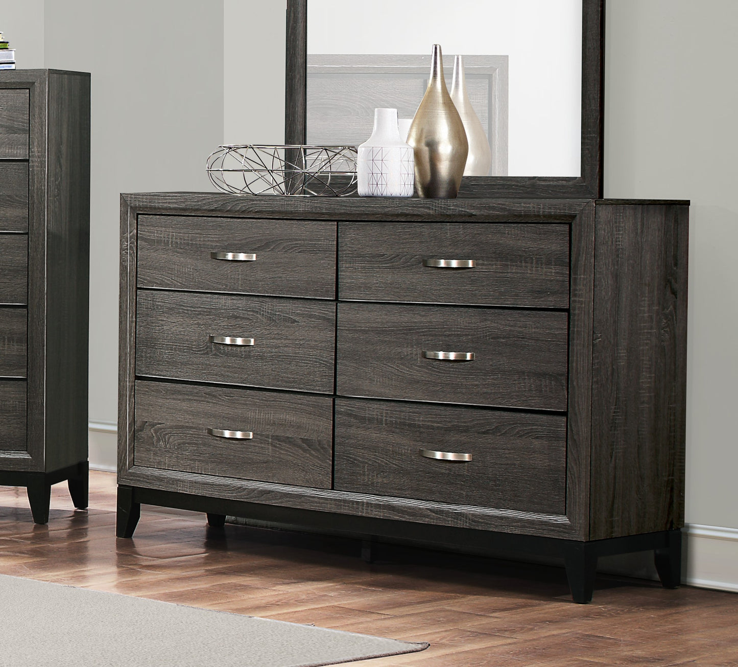 Contemporary Design 1pc 6-Drawers Dresser Gray Finish Polished Hardware Wooden Bedroom Furniture