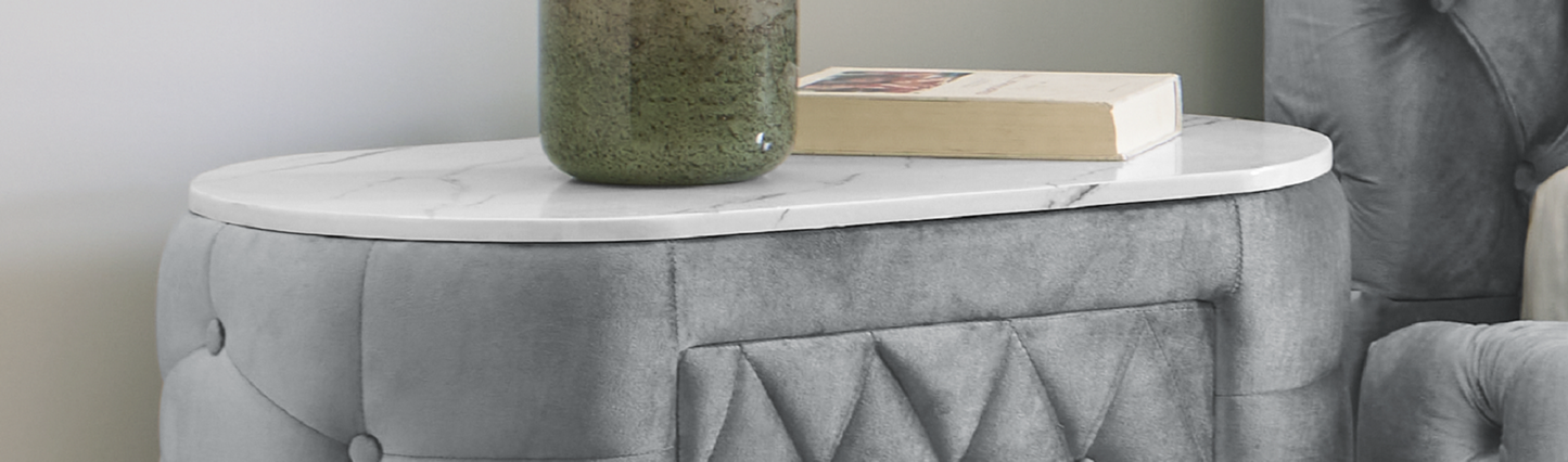 1pc Oval Faux Marble Top Nightstand 2- Drawers Storage Gray Finish Button Tufted Faux Crystal Tufted