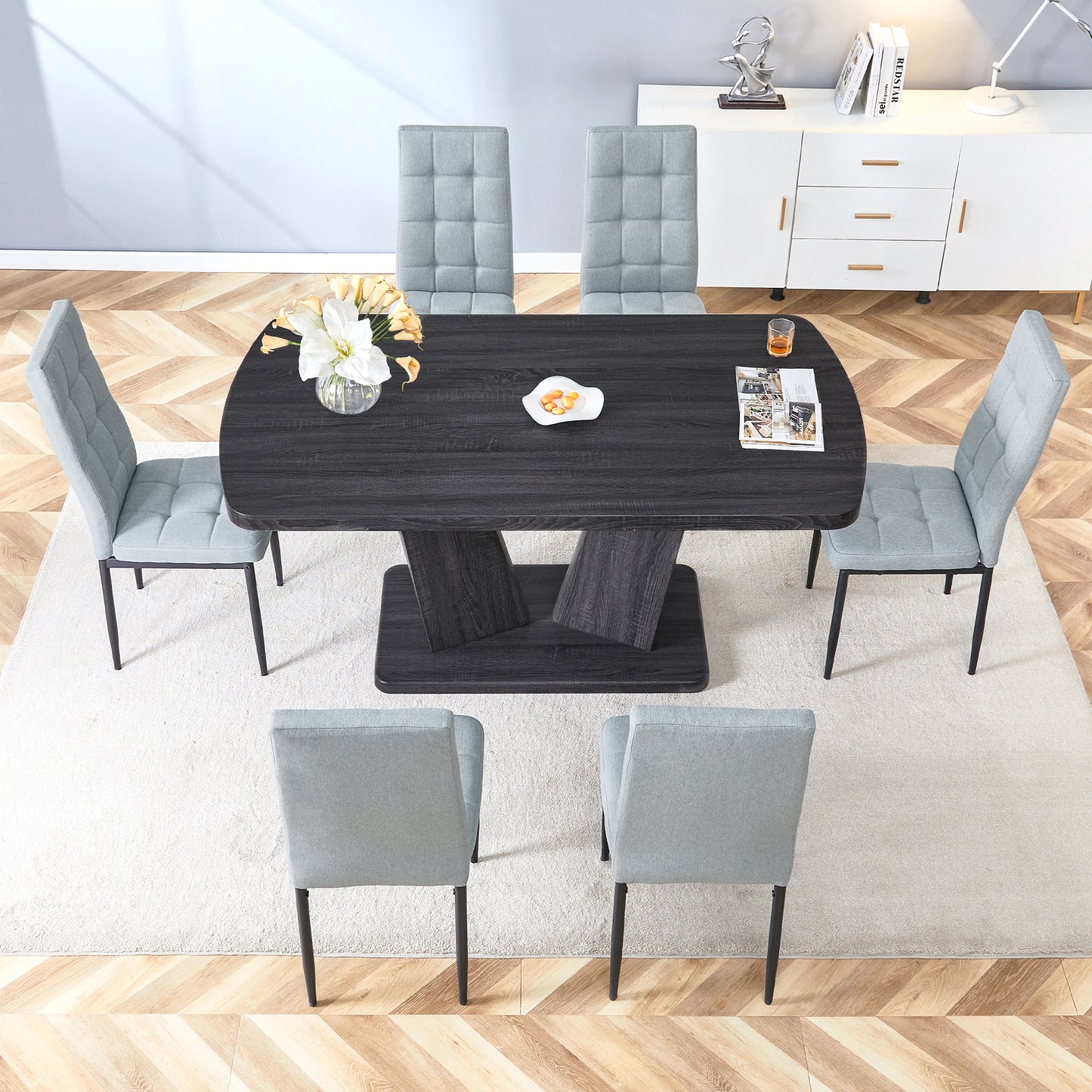 Dining Table Set for 6, 7 Piece Kitchen Table Chairs Set, 1.8" Thickness Tabletop and V-shaped Table Legs, Modern Dining Room Set with 63 inch Dinner Table and 6 Upholstered Chairs for Dining Room