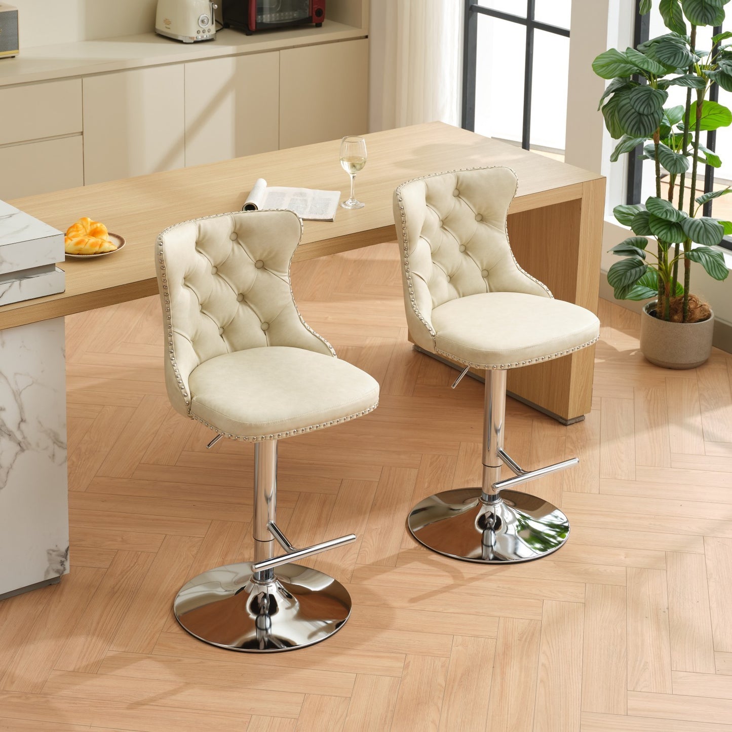 Swivel PU leather Barstools Adjusatble Seat Height from 25-33 Inch, Chrome base Bar Stools with Backs Comfortable Tufted for Home Pub and Kitchen Island, Beige,Set of 2,1512BG