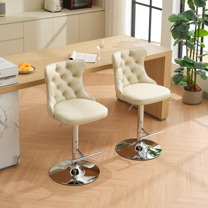 Swivel PU leather Barstools Adjusatble Seat Height from 25-33 Inch, Chrome base Bar Stools with Backs Comfortable Tufted for Home Pub and Kitchen Island, Beige,Set of 2,1512BG