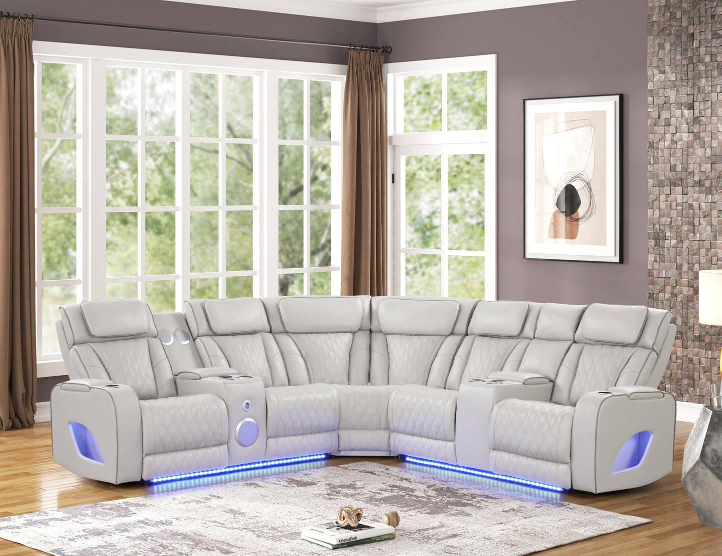 Fortuner Modern Style power recliner sectional with Bluetooth speaker and LED made with wood & metal, Massage Function Included Beige (NJ Inventory)